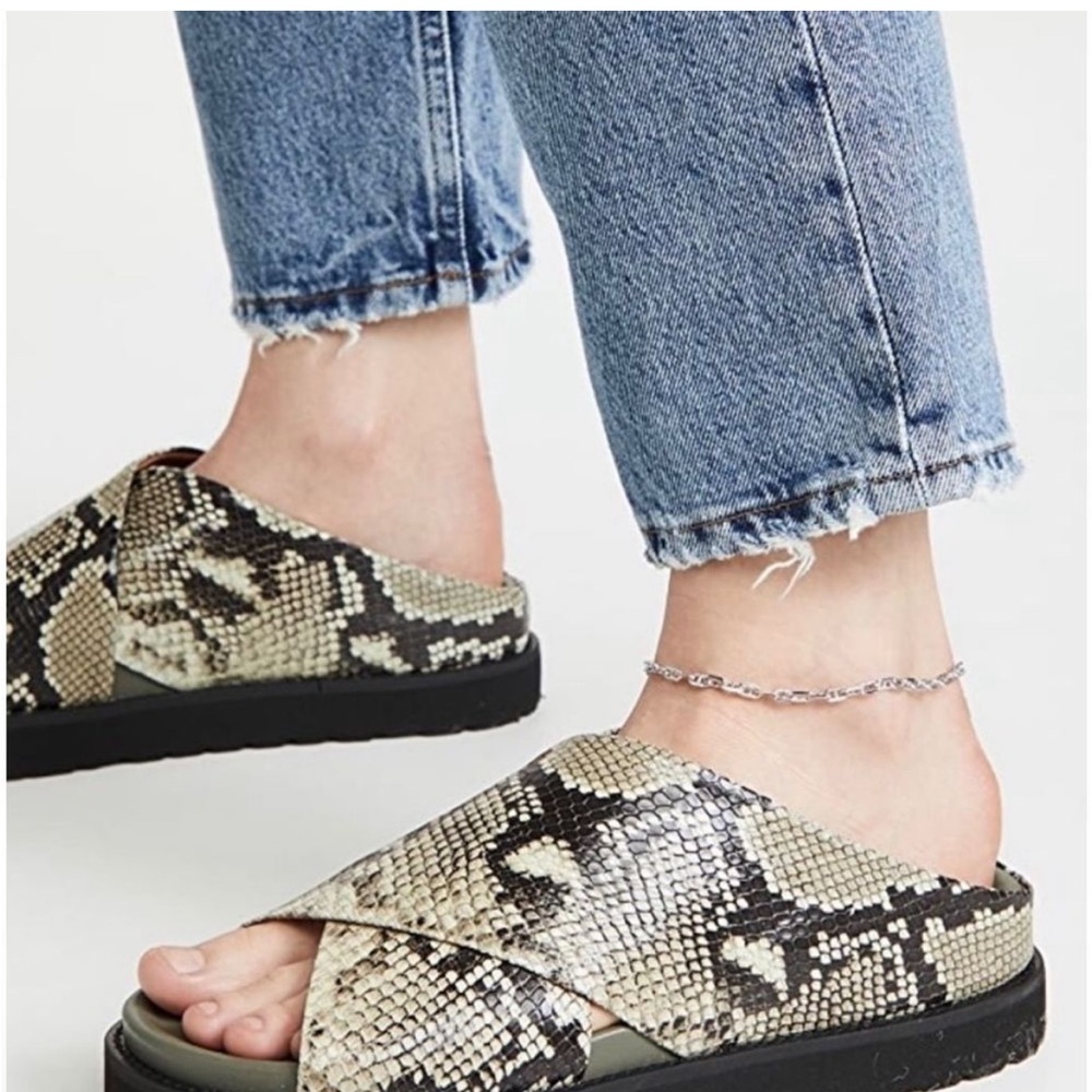 Ganni Olive Green Snakeskin Print Crossover Sandals - Picture 2 of 11